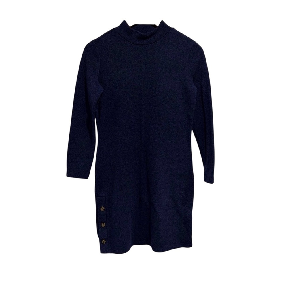 Banana Republic Dark Blue Petite Long Sleeve Mock Neck Dress Button Accent
